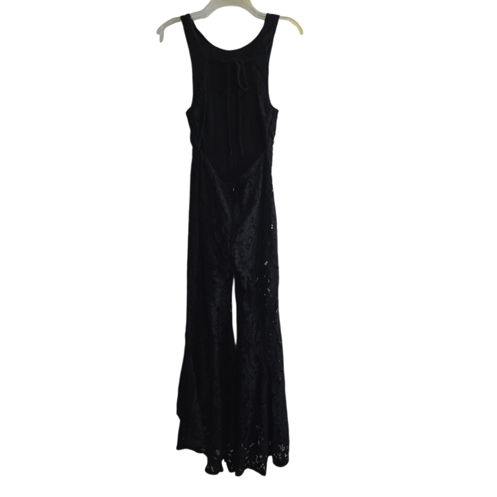 Free People Rise & Shine Black Lace Jumsuit Bell Bottom Flare Leg 2 Open Back - Picture 4 of 8